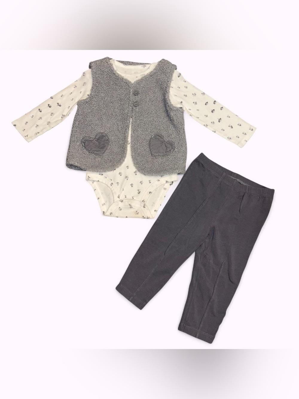 Carter's Gray Sherpa Vest, Printed Bodysuit & Gray Leggings Set